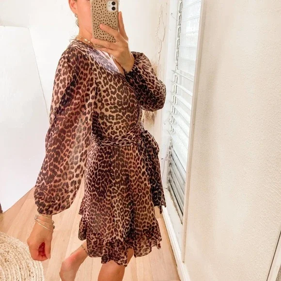 Ganni Animal Print Mesh Mini Wrap Dress Size Small 36 - Picture 5 of 15